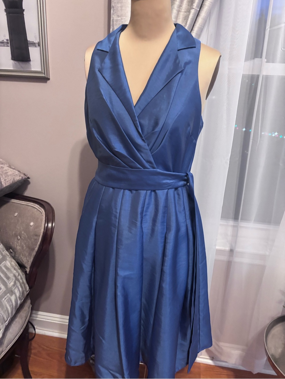 Jones Studio Slate Blue Taffeta Notched Lapel Faux Wrap Cocktail Dress